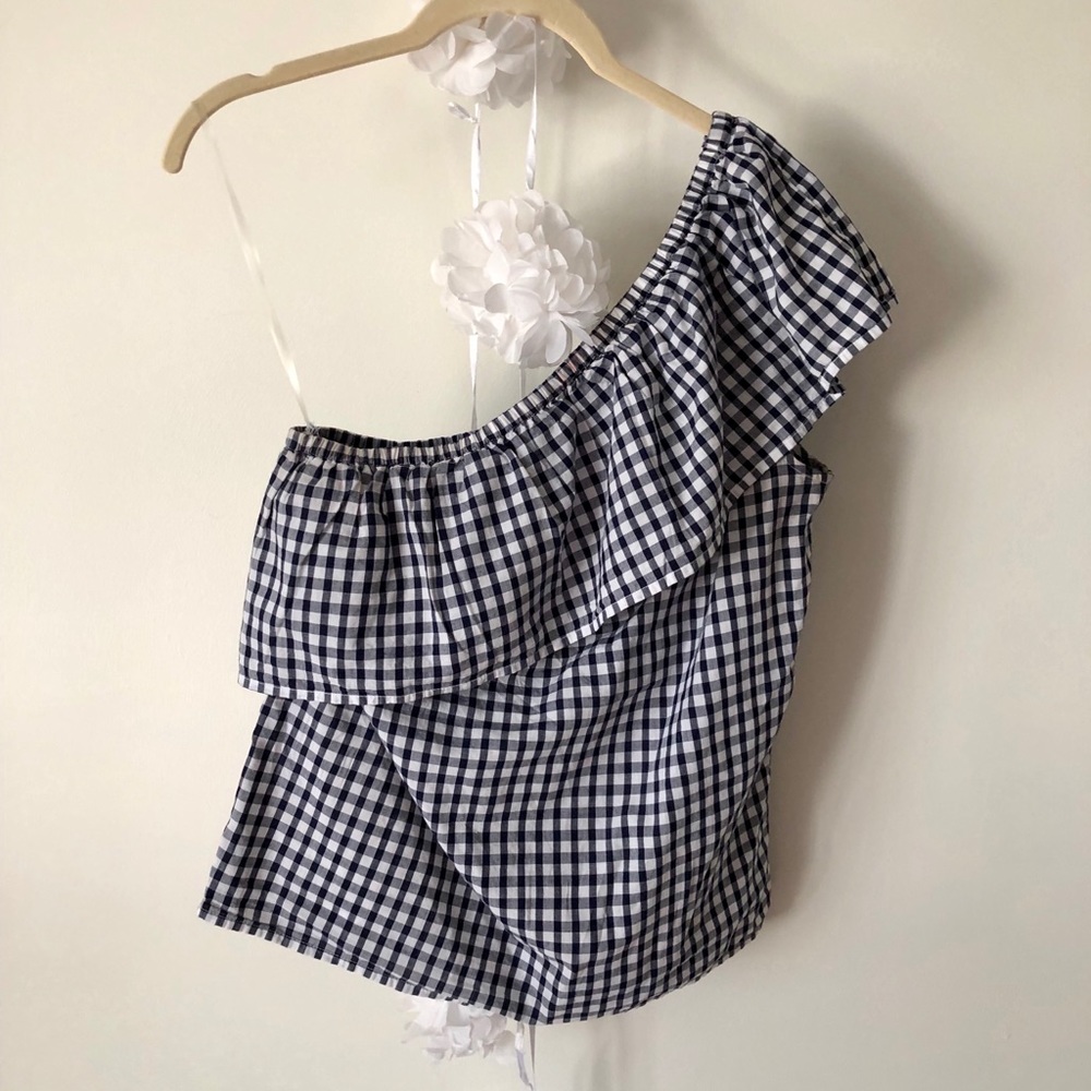 One shoulder, peplum top, gingham shirt